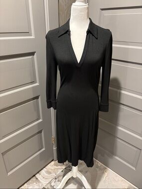 Diane Von Furstenberg Black V-Neck Collared Long Sleeve Dress